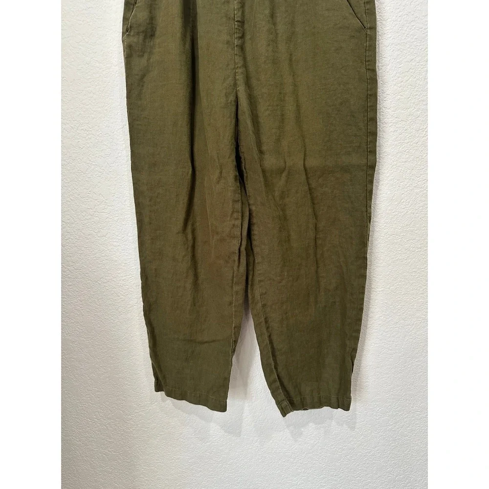 Quince European Linen Pants Olive Green Elastic Waist Tapered Leg Womens Medium